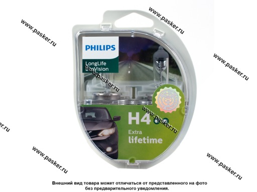 Фото: Лампа галоген 12V H4 60/55W P43t-38 Philips LongLife EcoVision 2шт 12342LLECOS2