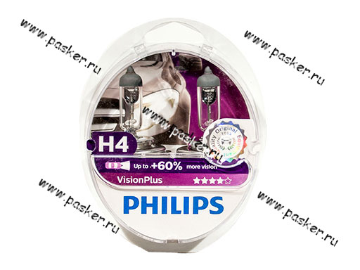 Лампа галоген 12V H4 60/55W P43t Philips VisionPlus +50-60% яркости 12342VPS2