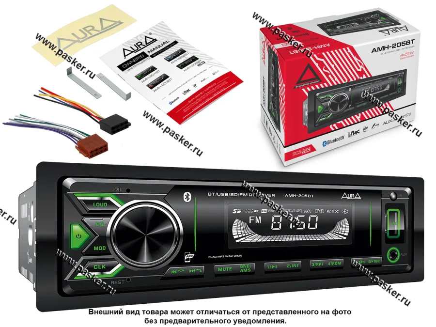 Автомагнитола AURA USB/Bluetooth/SD/FM 4х51W зеленая подсветка AMH/FIREBALL-205BT