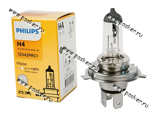 Лампа галоген 12V H4 60/55W P43t Philips Vision +30% яркости 12342PRC1 [упаковка 10 шт.]