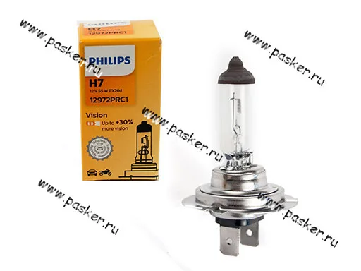 Лампа галоген 12V H7 55W PX26d Philips Vision +30% яркости 12972PRC1 [упаковка 10 шт.]