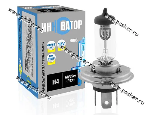 Лампа галоген 12V H4 60/55W P43t Новатор/Инноватор ИН006 [упаковка 10 шт.]