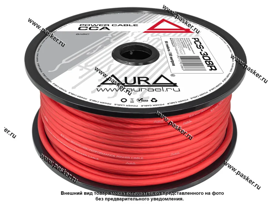 Провод силовой 2х8мм 8AWG 1м красный AURA PCS-308R [упаковка 50 м]