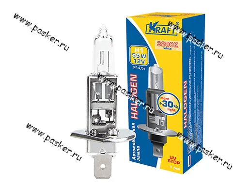 Лампа галоген 12V H1 55W P14.5s KRAFT +30% яркости 700065