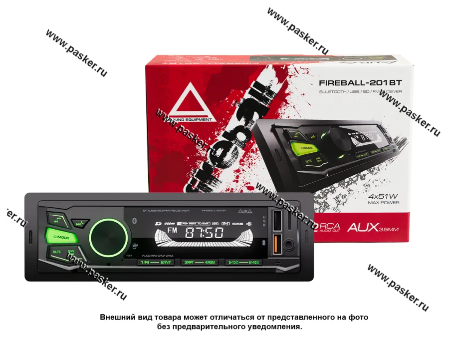 Автомагнитола AURA USB/Bluetooth/SD/FM 4х51W зеленая подсветка FIREBALL-201BT