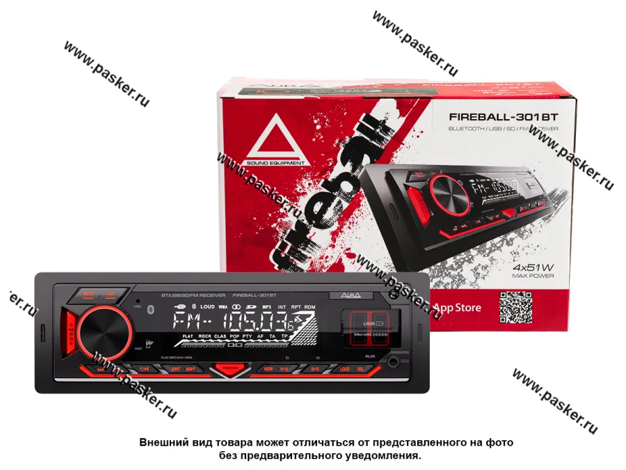 Автомагнитола AURA USB/Bluetooth/MicroSD/FM 4х51W 2RCA ID3 тэги красная подсветка FIREBALL-301BT