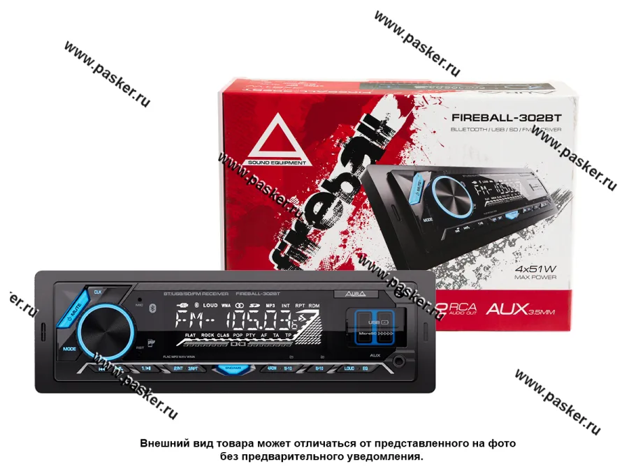 Автомагнитола AURA USB/Bluetooth/MicroSD/FM 4х51W 2RCA ID3 тэги синяя подсветка FIREBALL-302BT