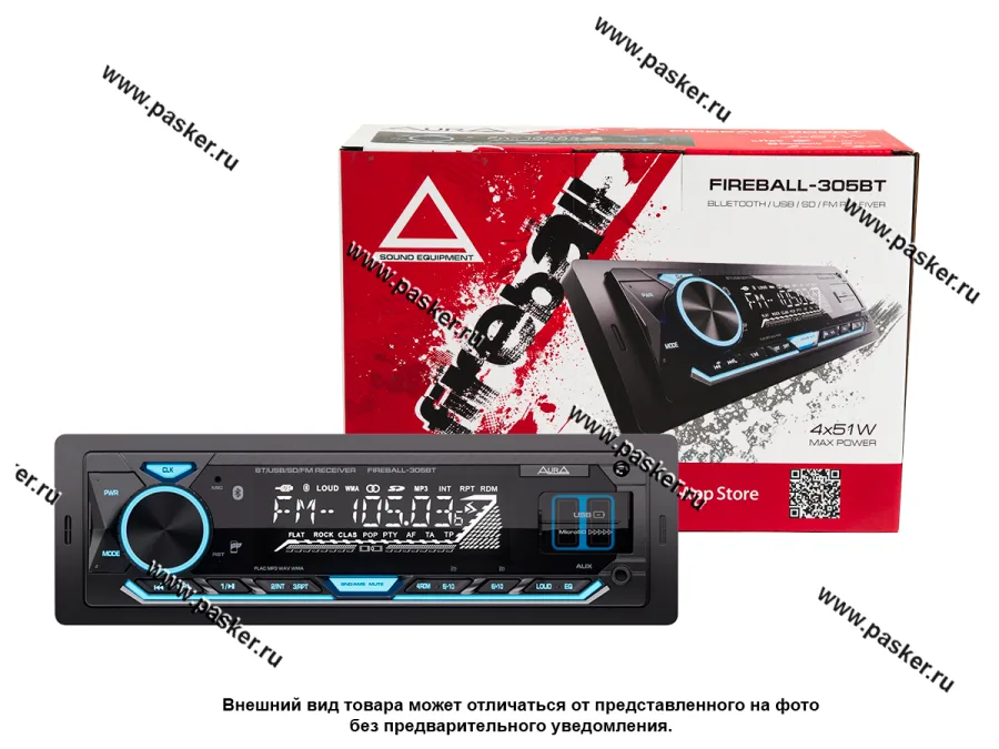 Автомагнитола AURA USB/Bluetooth/MicroSD/FM 4х51W 2RCA ID3 тэги голубая подсветка FIREBALL-305BT