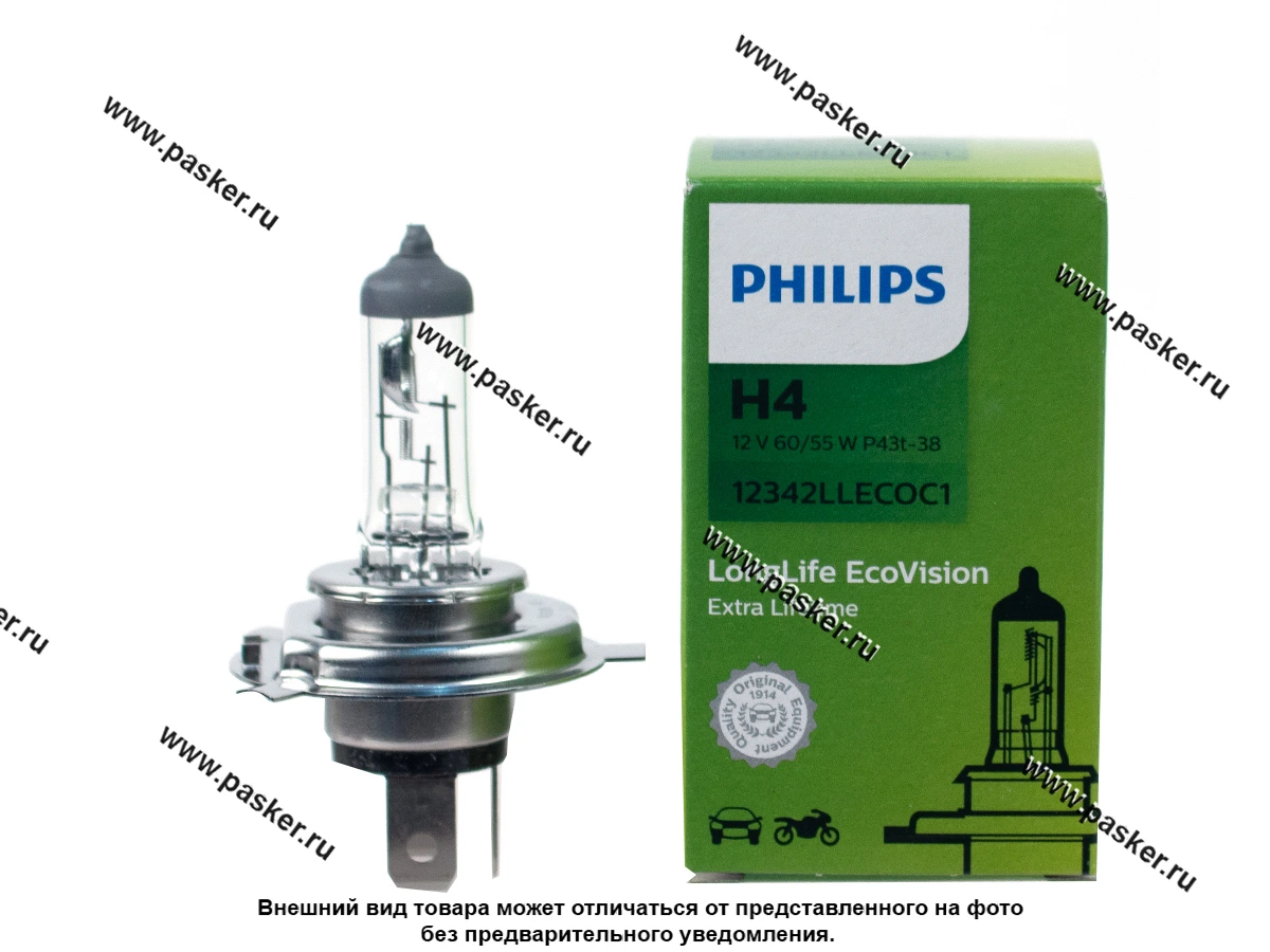 Лампа галоген 12V H4 60/55W P43t-38 Philips LongLife EcoVision 12342LLECOC1