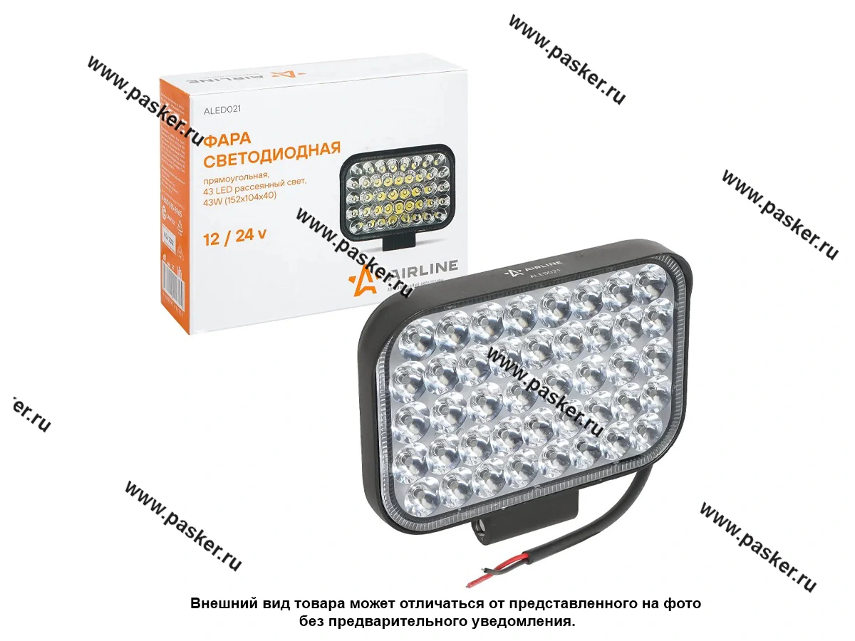 Фара светодиодная прямоугольная 43W 12/24V AIRLINE 43LED рассеиваемый поток света ALED021