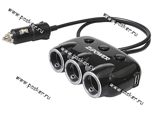 Разветвитель прикуривателя на 3 гнезда + 2 USB 3.1А ZIPOWER PM6653 с шнуром